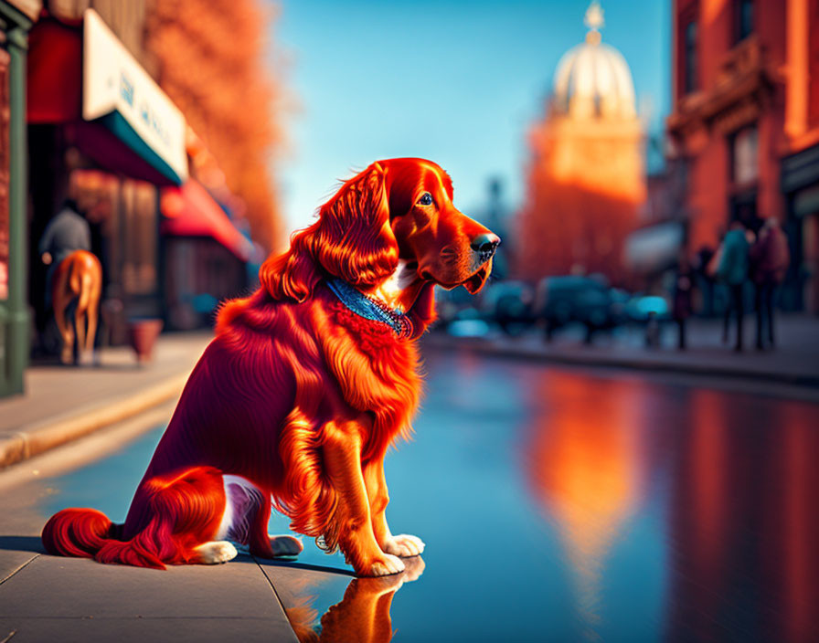 Golden retriever sitting on city street at sunset with warm glow on fur, blurred urban background.