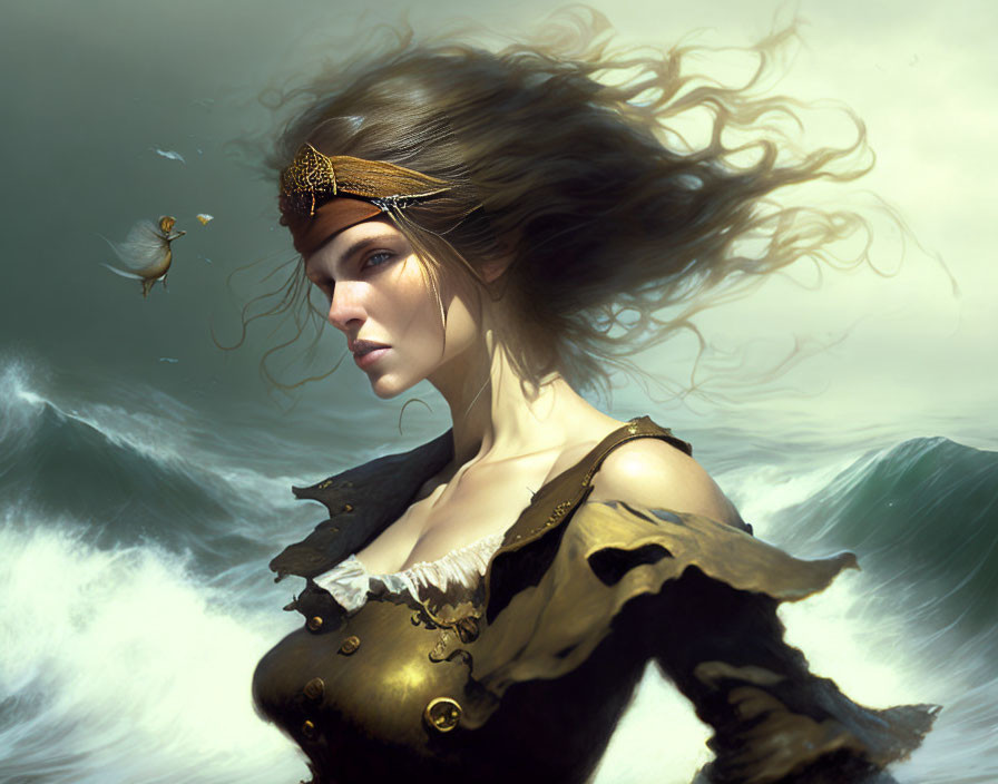 Woman with flowing hair and golden headpiece by turbulent waves and bird