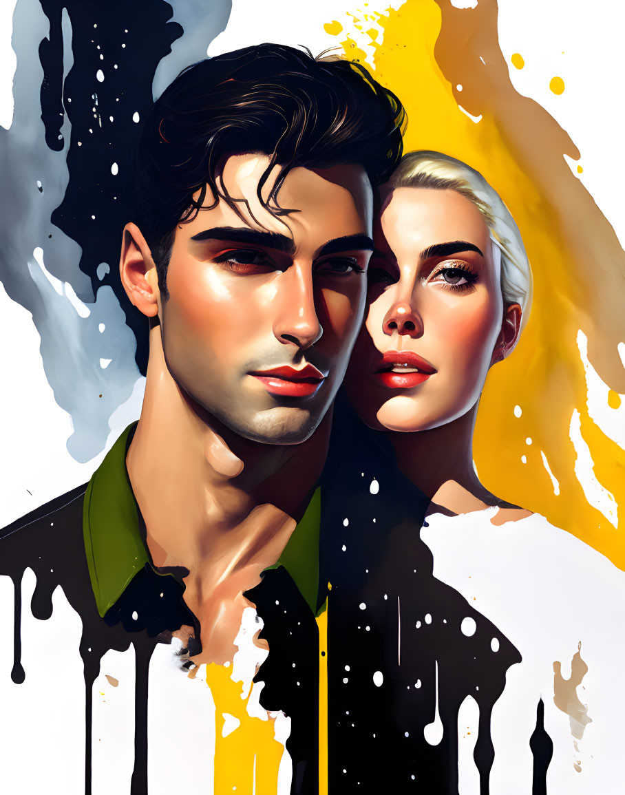 Stylized digital portrait of man and woman with sharp features on white background with yellow and black paint