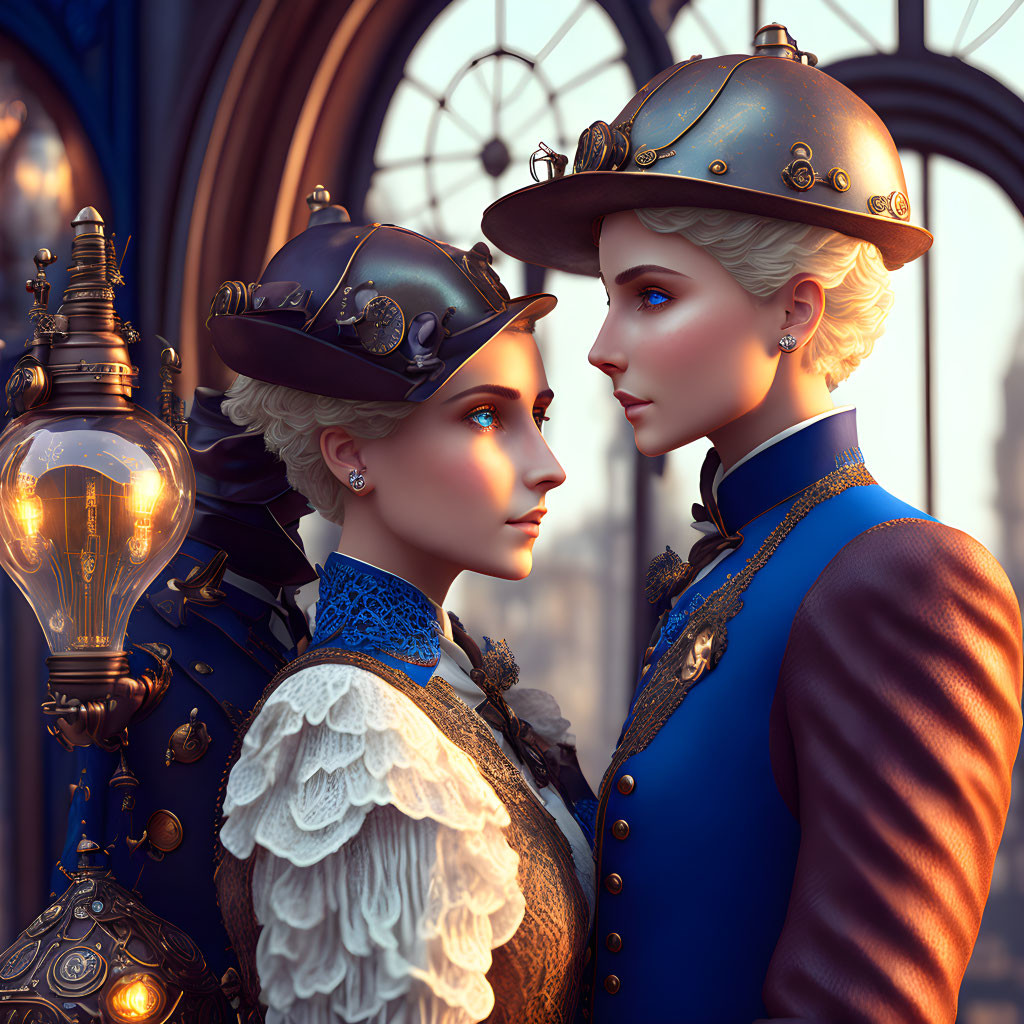 Steampunk-themed image featuring two figures in intricate helmets surrounded by vintage metallic and glass elements