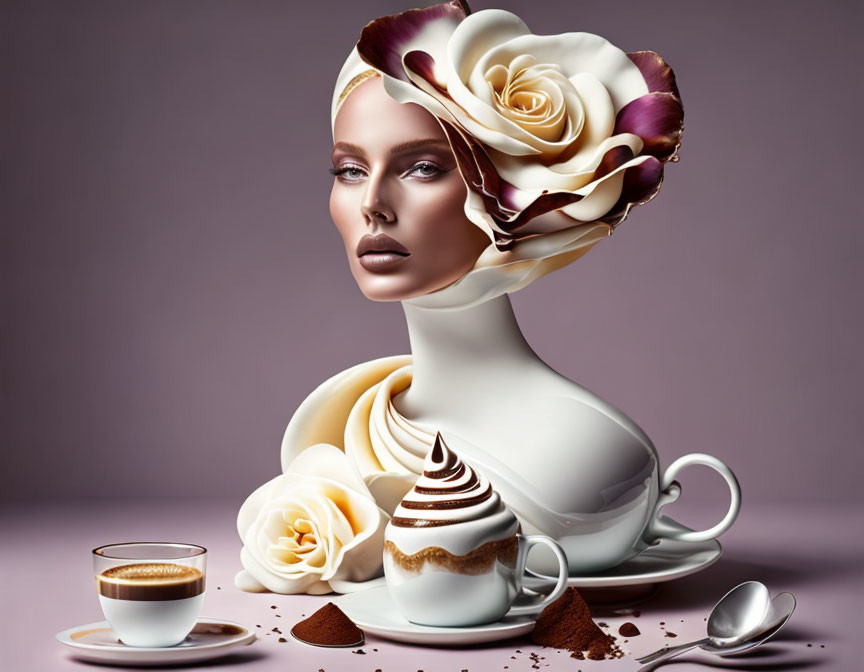 Surreal image of woman's face merged with white teacup and coffee cup