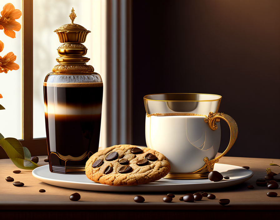 Luxurious coffee setting with gold-trimmed cup, cookie, and ornate pot by window with