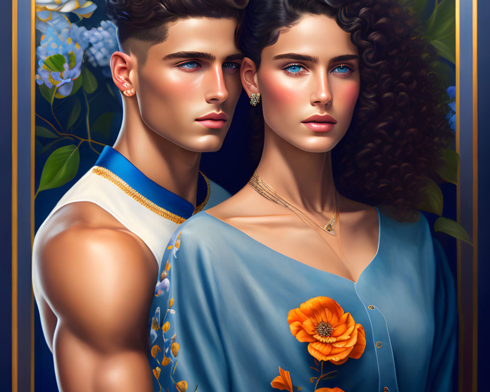 Detailed digital painting of young man and woman with blue eyes, curly hair, and jewelry on floral and