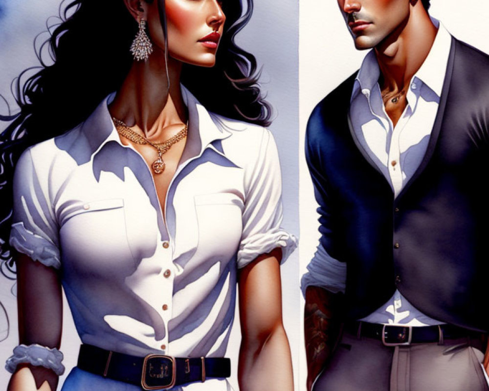 Stylish woman and man in formal attire: woman in belted white shirt, man in dark