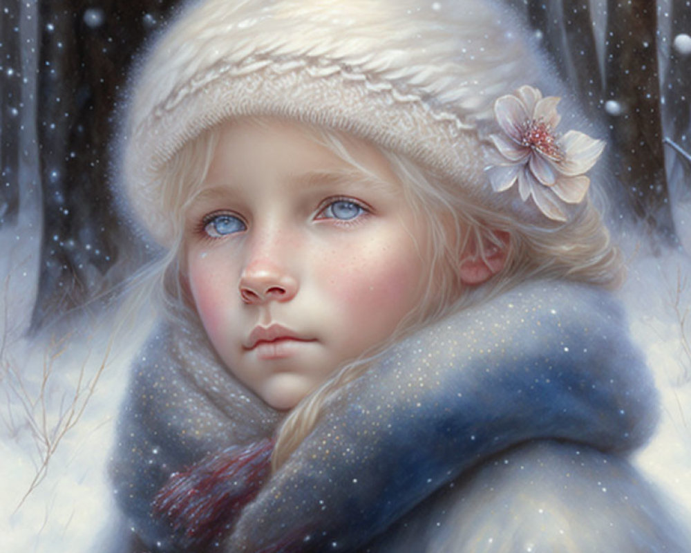 Digital painting of young girl with blue eyes and blonde hair in white hat and blue scarf amid falling snow