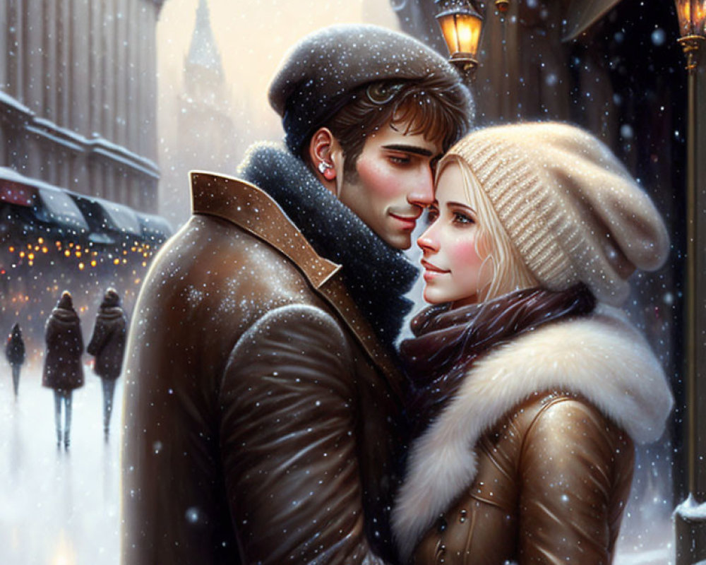 Couple Embraces Tenderly on Snowy Street in Warm Glow