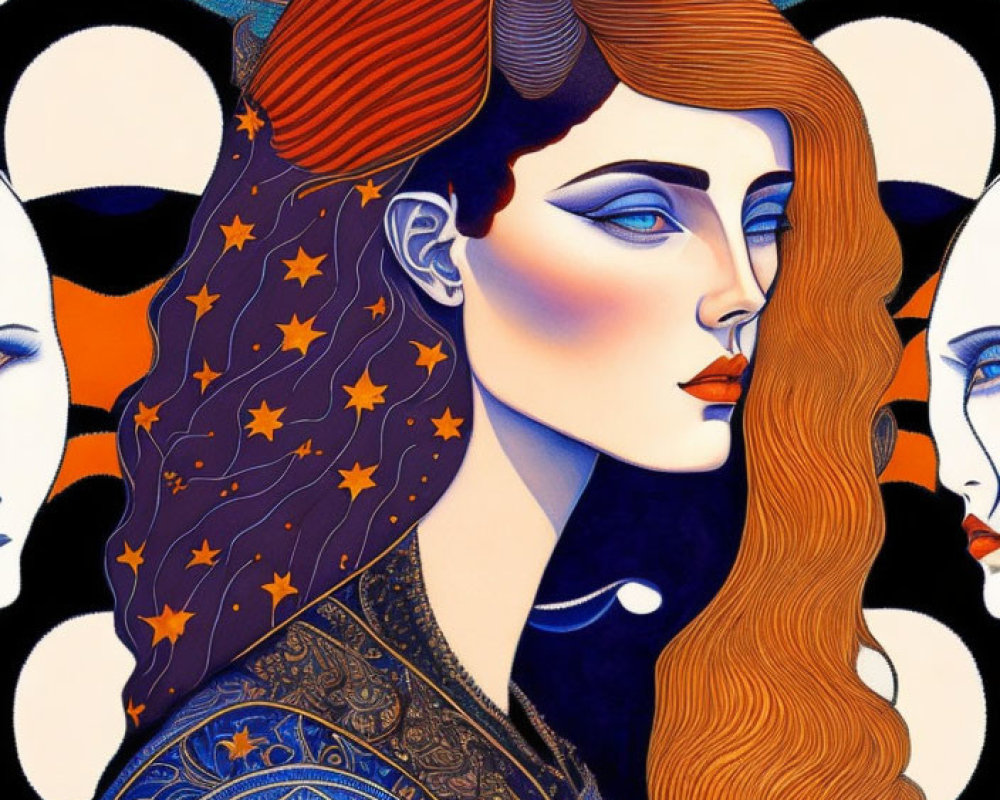 Stylized illustration of a woman with orange hair and celestial motifs
