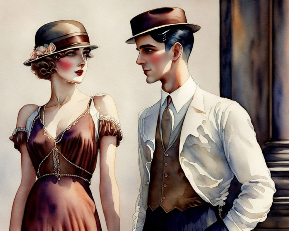 1920s Flapper Woman and Dapper Man in Vintage Attire Standing Together