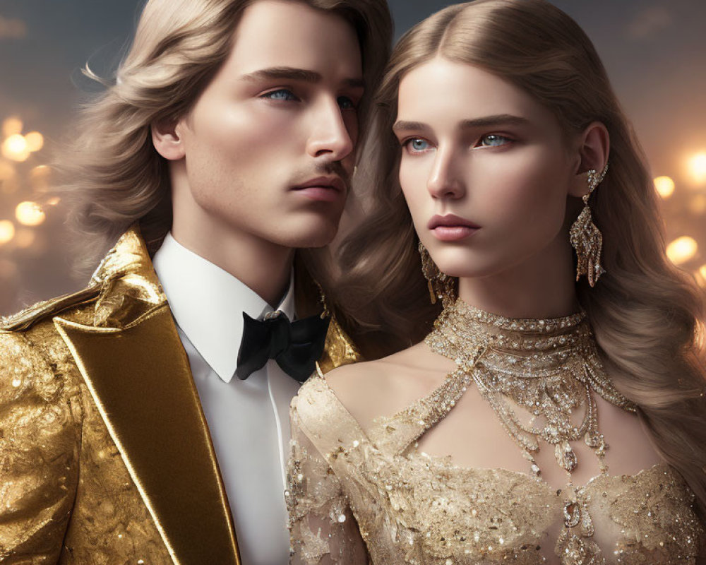 Luxurious Couple in Gold Attire Against Glowing Backdrop