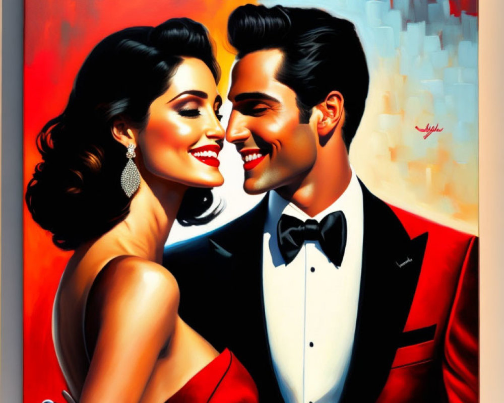 Stylized painting of man in red blazer and woman with earring smiling at each other