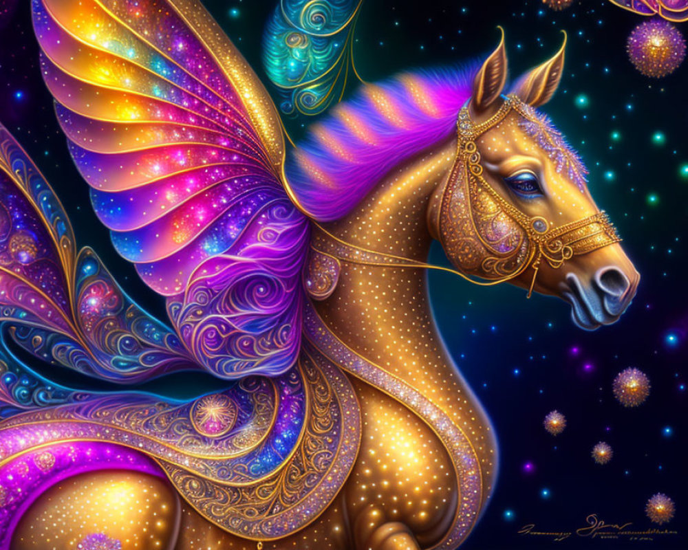 Mythical winged horse digital artwork with golden details