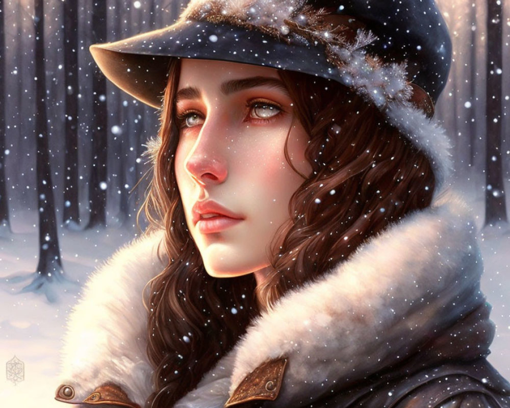 Brown-haired woman in hat gazes in snowy forest scene