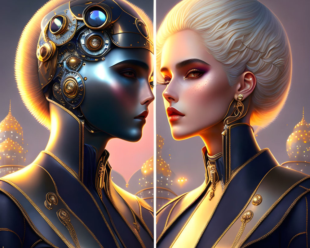 Split-image of robotic and human women with short blonde hair in navy and gold attire against city backdrop
