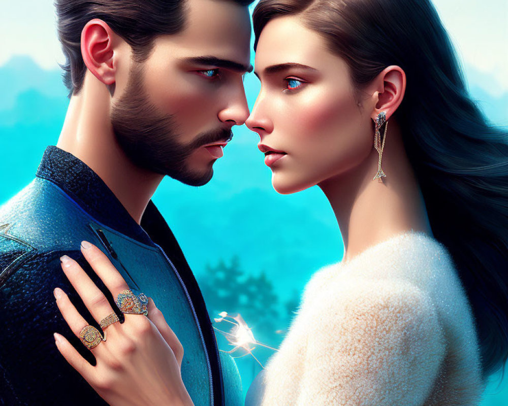 Detailed digital artwork of man and woman in close profile with mystical background.