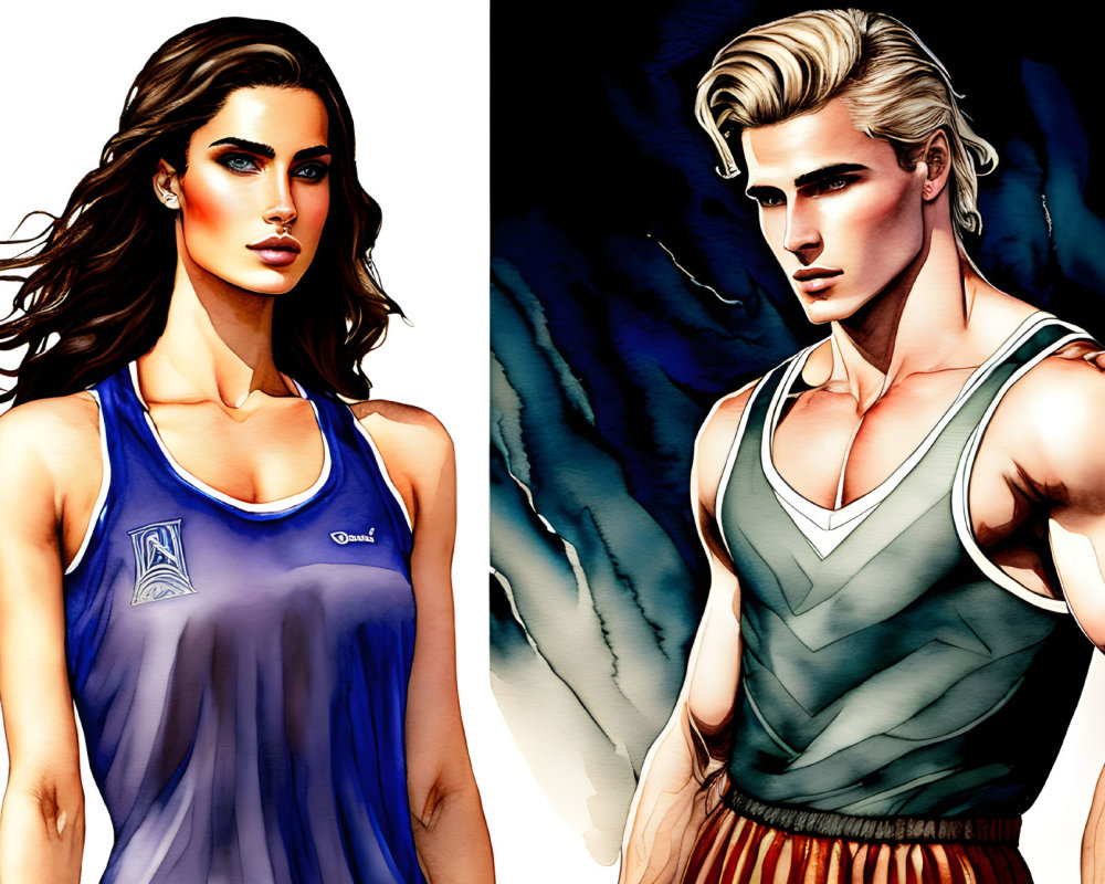 Animated characters: woman in blue tank top and man in green vest against dramatic shaded backdrop