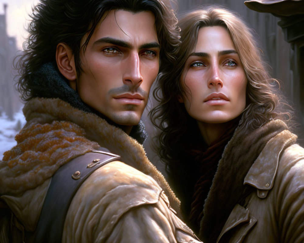 Intense gazes of a man and woman in fur-trimmed coats in a cold, historical