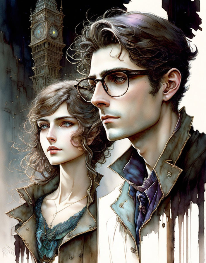 Vintage-styled man and woman portrait with Big Ben backdrop in watercolor style