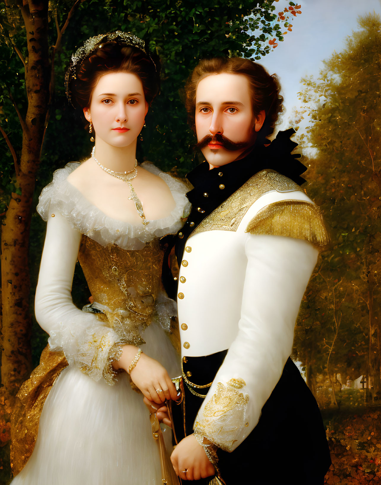 Autumnal forest backdrop with woman in white dress and man in military uniform