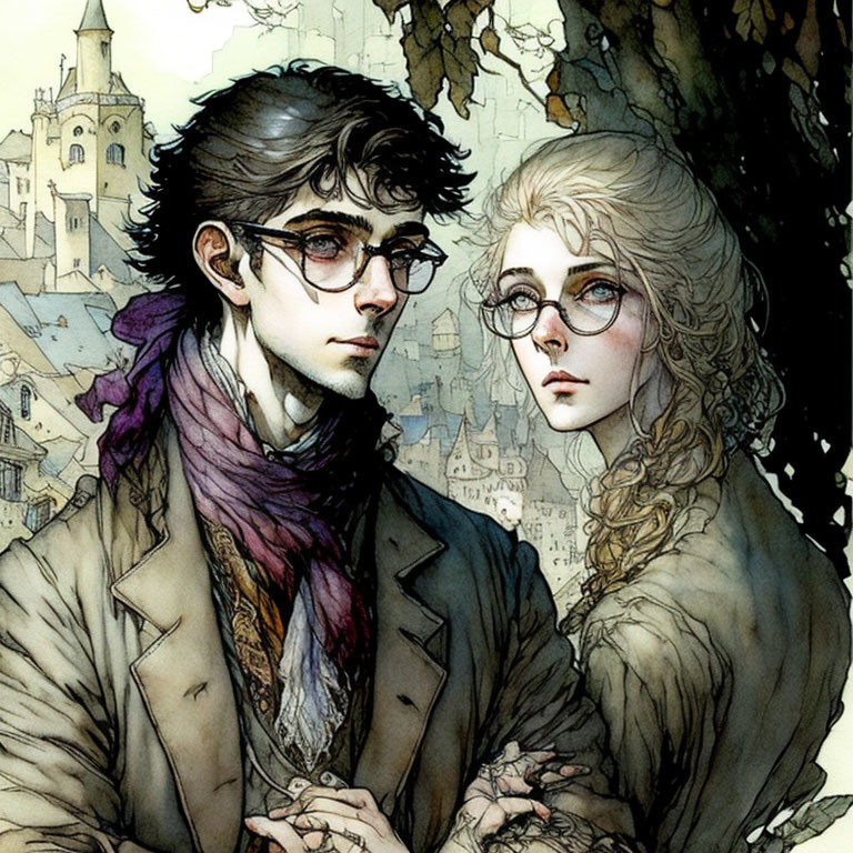 Stylized young man and woman with glasses in vintage clothing against old town backdrop