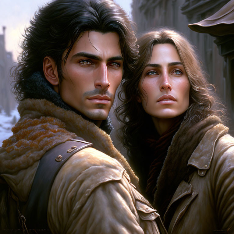 Intense gazes of a man and woman in fur-trimmed coats in a cold, historical