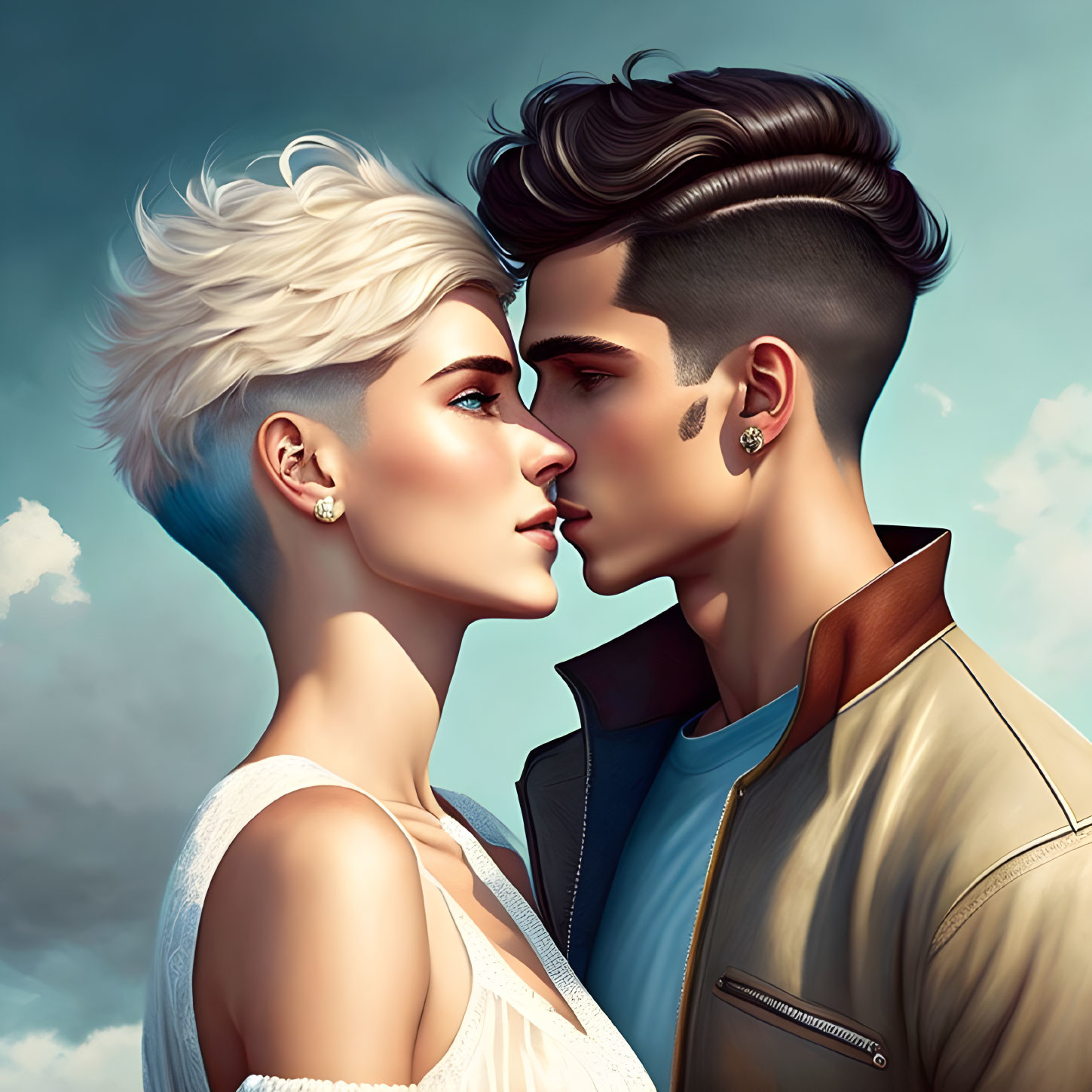 Digital illustration: Man and woman kissing in stylish attire under cloudy sky