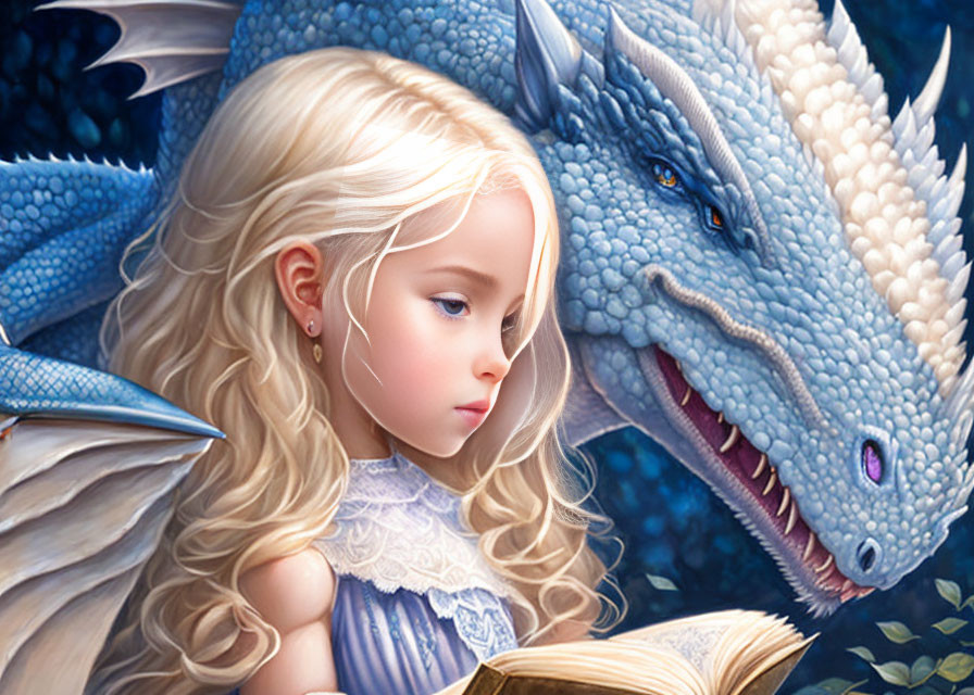 Little reading a book to her dragon