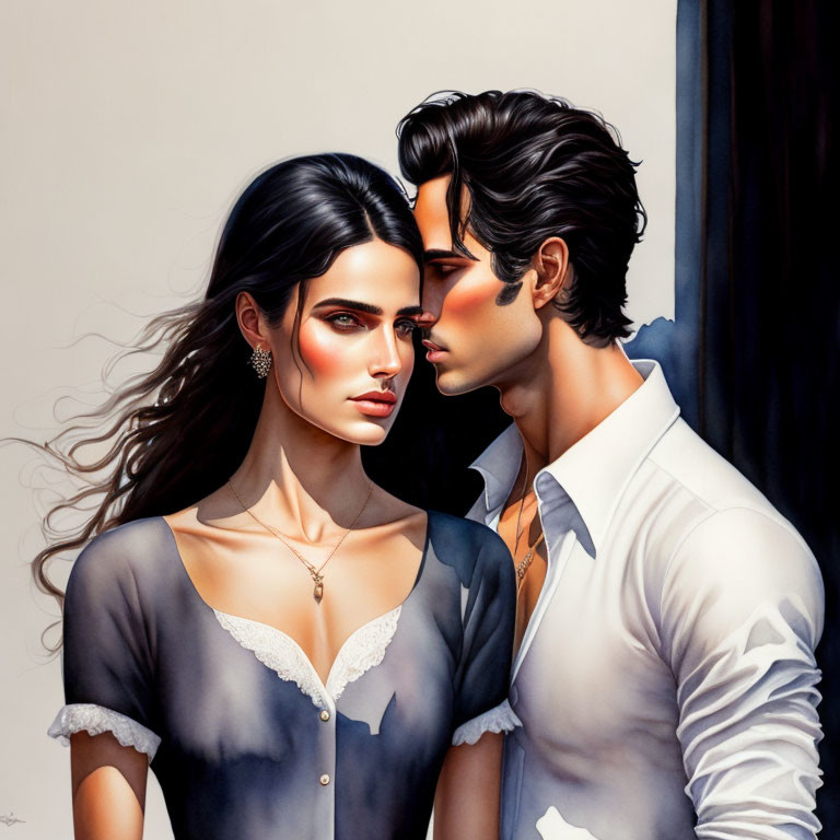 Illustration of man whispering to woman in elegant attire