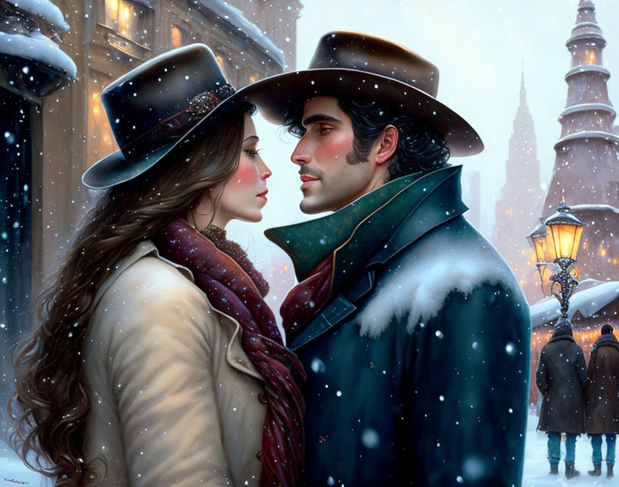 Vintage Clothing Couple Sharing Intimate Moment in Snowy Street