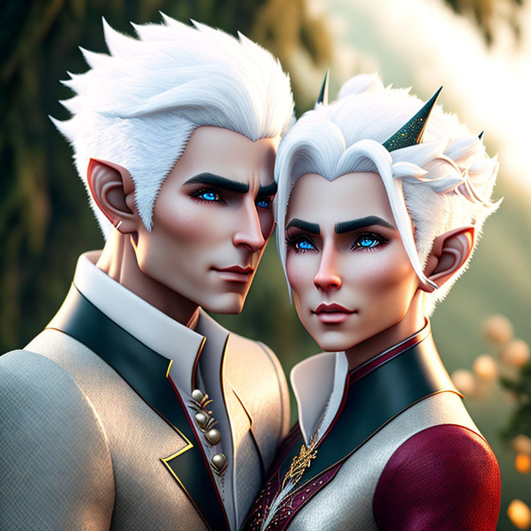 Stylized characters with white hair and pointed ears in elegant fantasy attire against natural backdrop