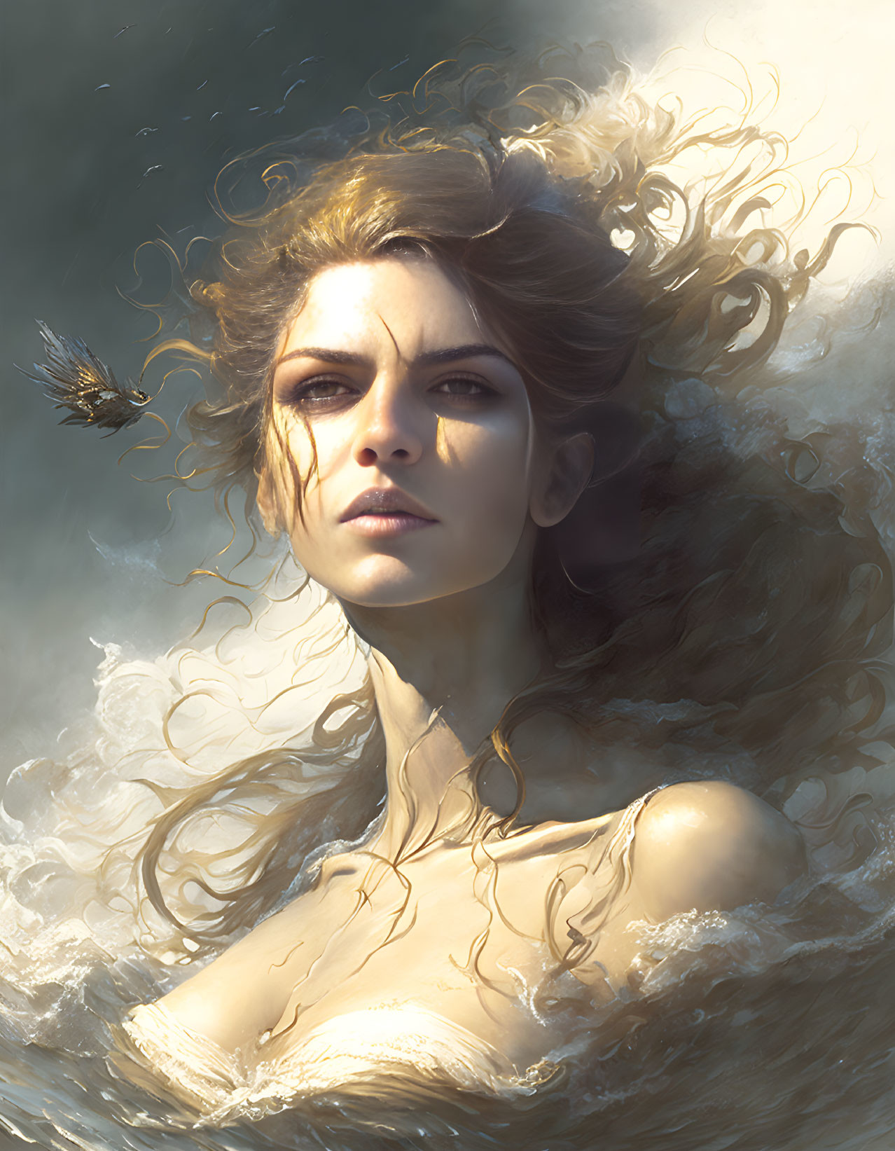 Digital painting of woman underwater with flowing hair and bird in golden light