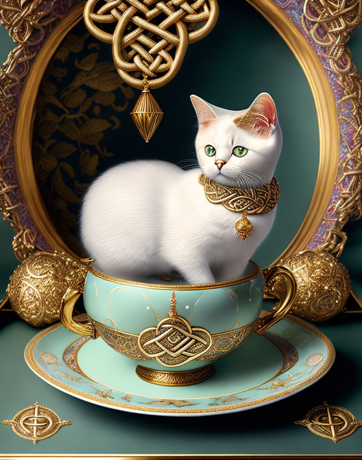 White Cat with Green Eyes in Ornate Teal Cup and Saucer surrounded by Gold Designs and G