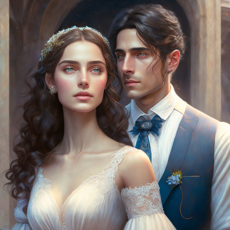 Ethereal bride and groom in elegant wedding attire