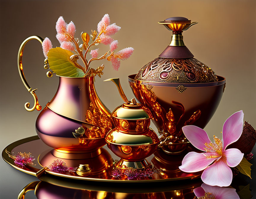 Golden Teapot Set with Intricate Designs on Tray and Pink Blossoms