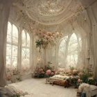 Enchanted fairy-tale bedroom with greenery, floral decor, pink bed