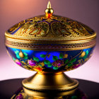 Golden and Blue Enamel Container with Floral Patterns on Reflective Surface