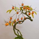 Whimsical bonsai tree with autumn leaves in teacup with donut and spheres