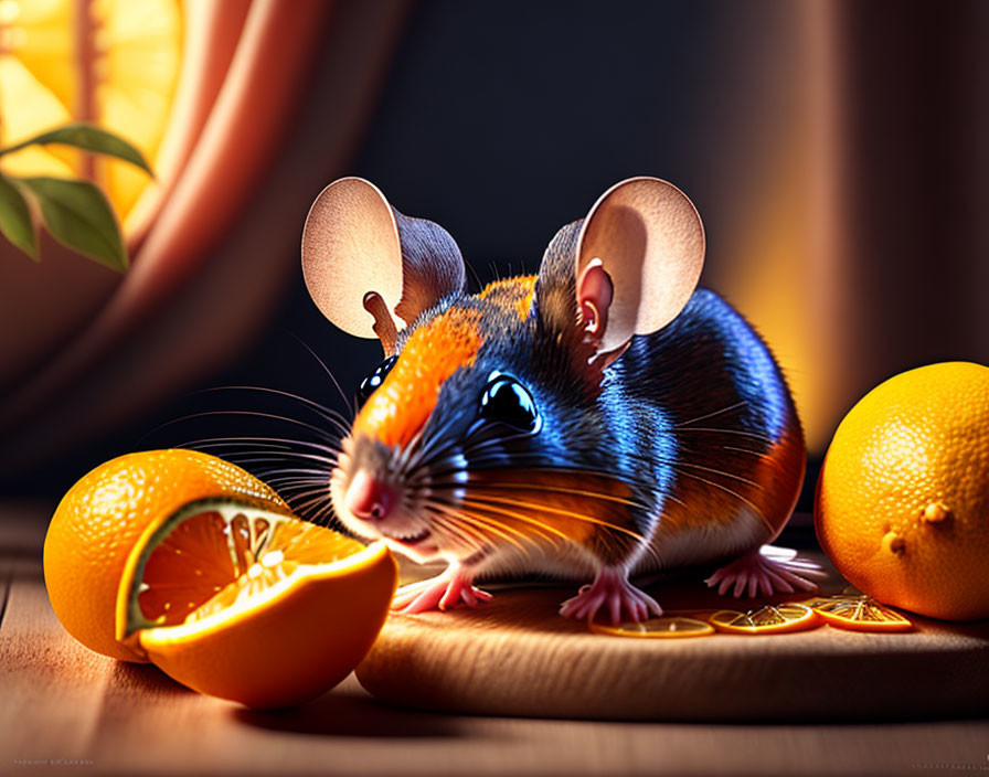 Colorful Mouse Eating Orange Slice on Wooden Surface