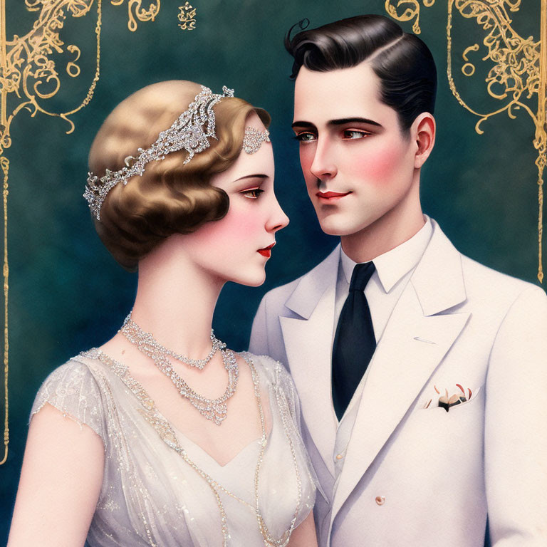 Illustrated vintage couple in beaded dress and white suit with pocket square