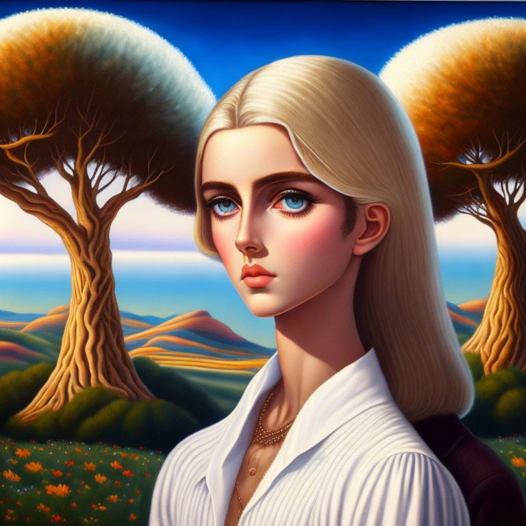 Digital Artwork: Woman with Blue Eyes and Blonde Hair in Surreal Landscape