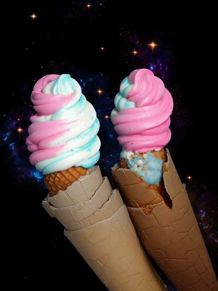 Colorful ice cream cones on starry galaxy background symbolize cosmic sweetness