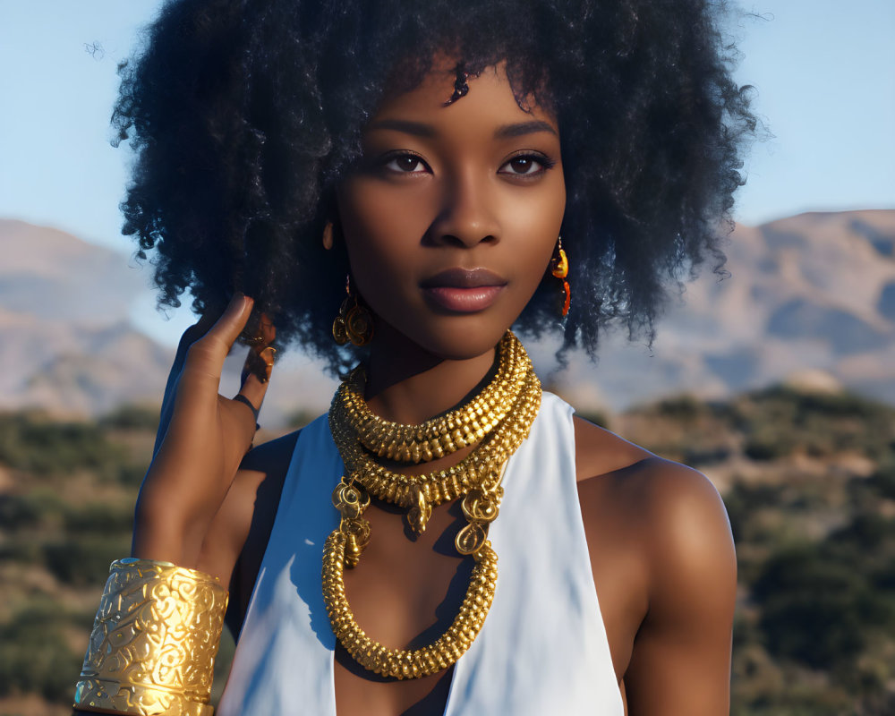 Black Afro woman adorned with gold jewelry in serene nature backdrop