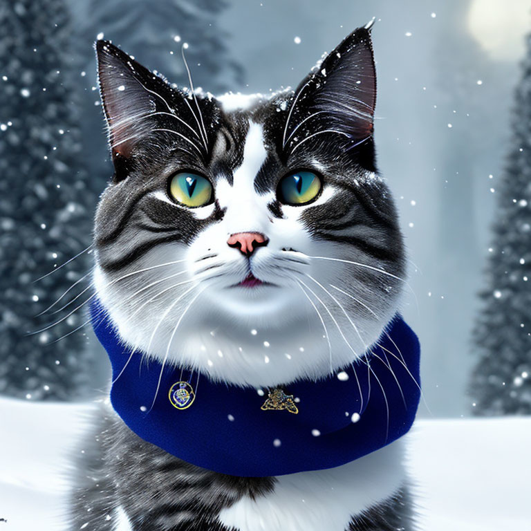 Blue-eyed Cat Artwork with Navy Collar in Snowy Scene