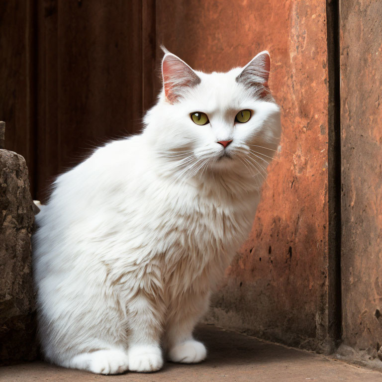 Fluffy white cat with yellow eyes near rust-colored wall