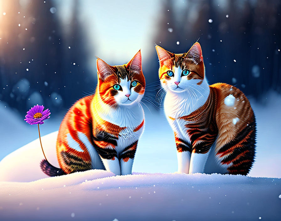 Illustrated cats with blue eyes in snowy landscape with purple flower