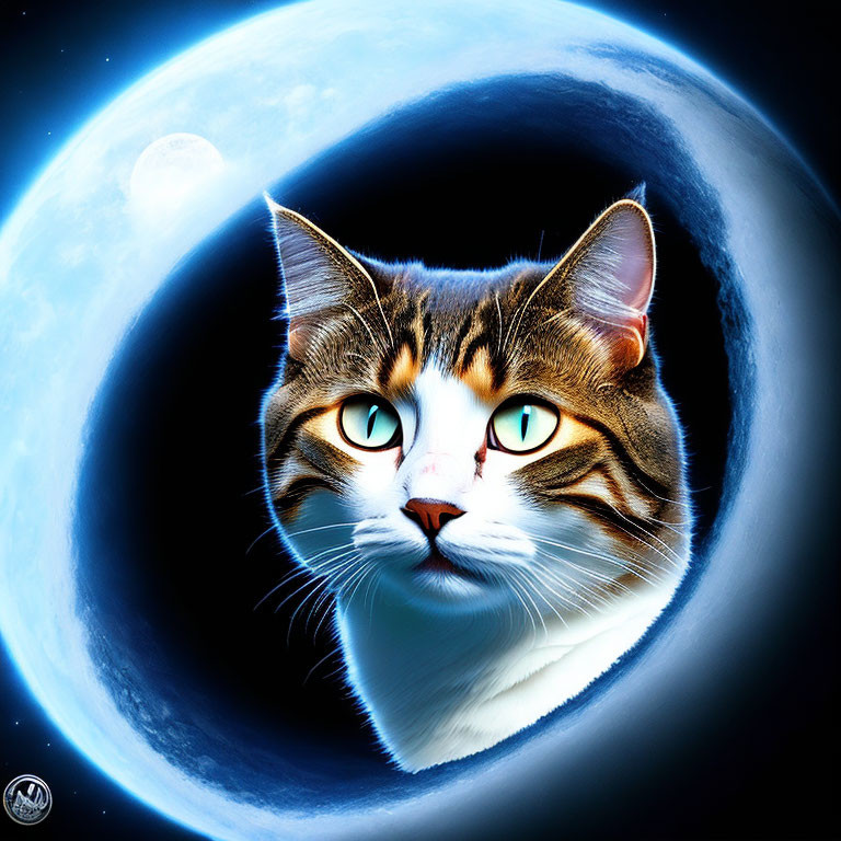 Close-up Cat Face on Cosmic Background with Earth and Moon in Blue Tones