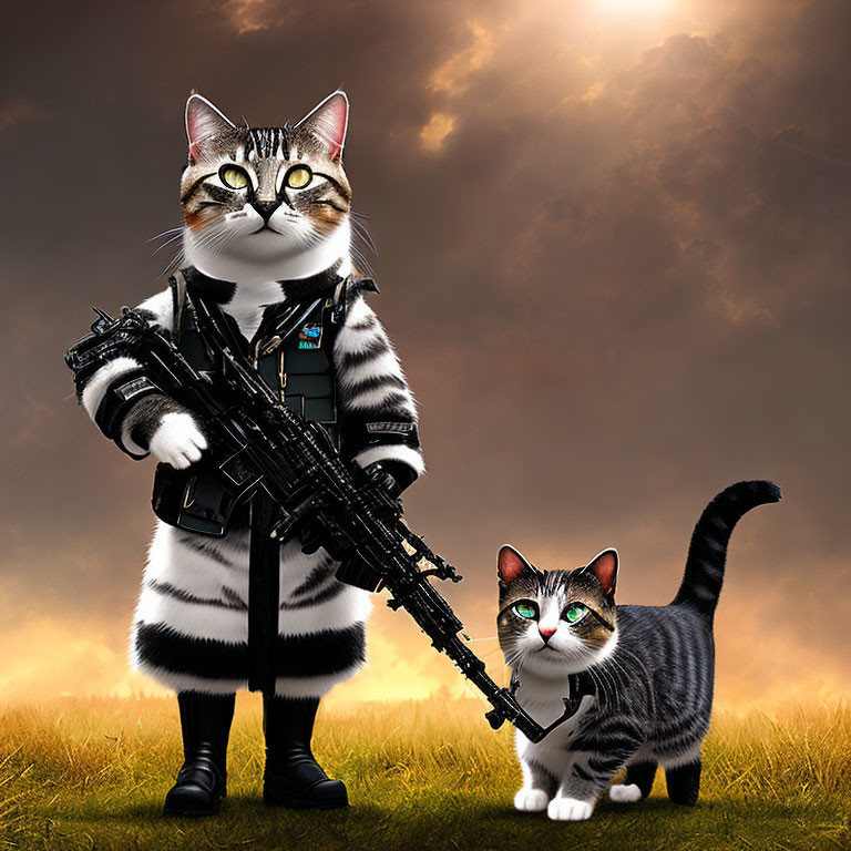 Anthropomorphic cats in military attire against dramatic sky.