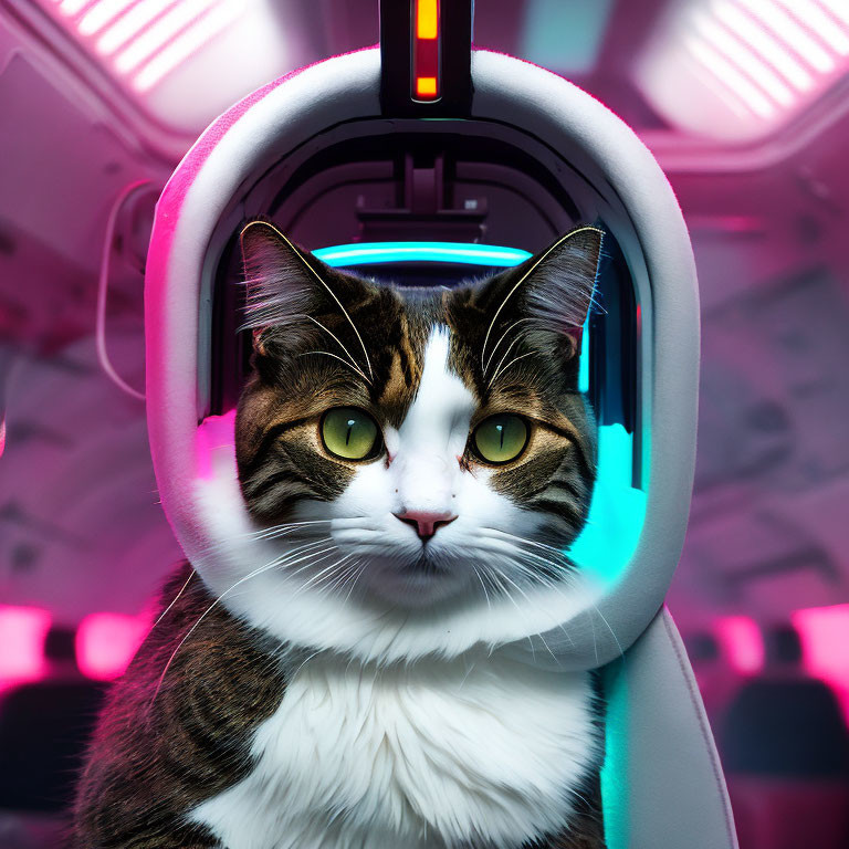 Cat with Green Eyes in Futuristic Gaming Chair with Pink and Blue Lighting