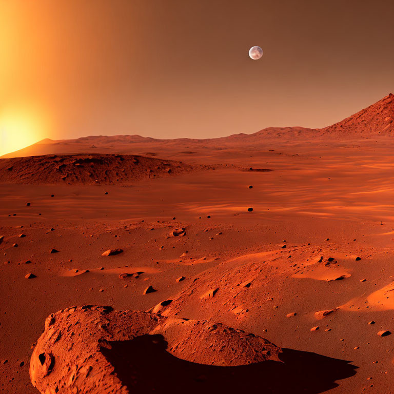 Martian Landscape at Sunset with Earth in Distance