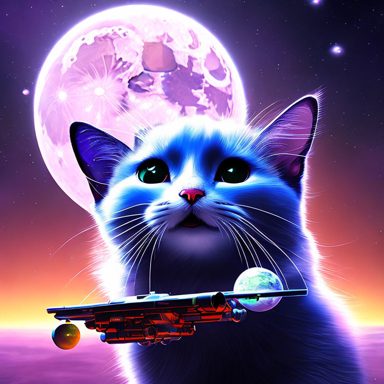 Colorful surreal illustration: Blue cat on spaceship in cosmic scene