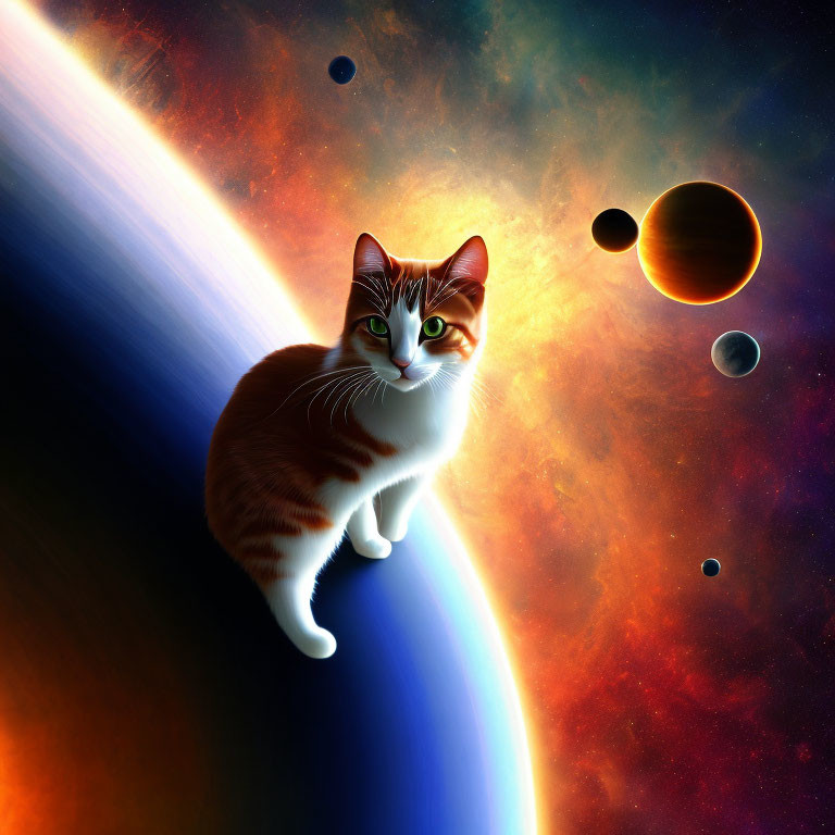 Cat observing colorful cosmic scene with planets and nebula.